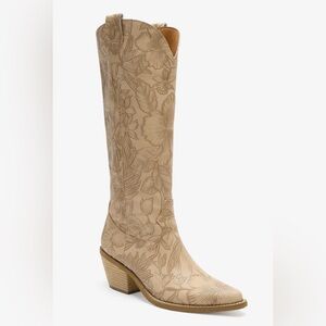 Miracle Miles MIIM Tan Embossed Floral Knee-High Western Heeled Boot
